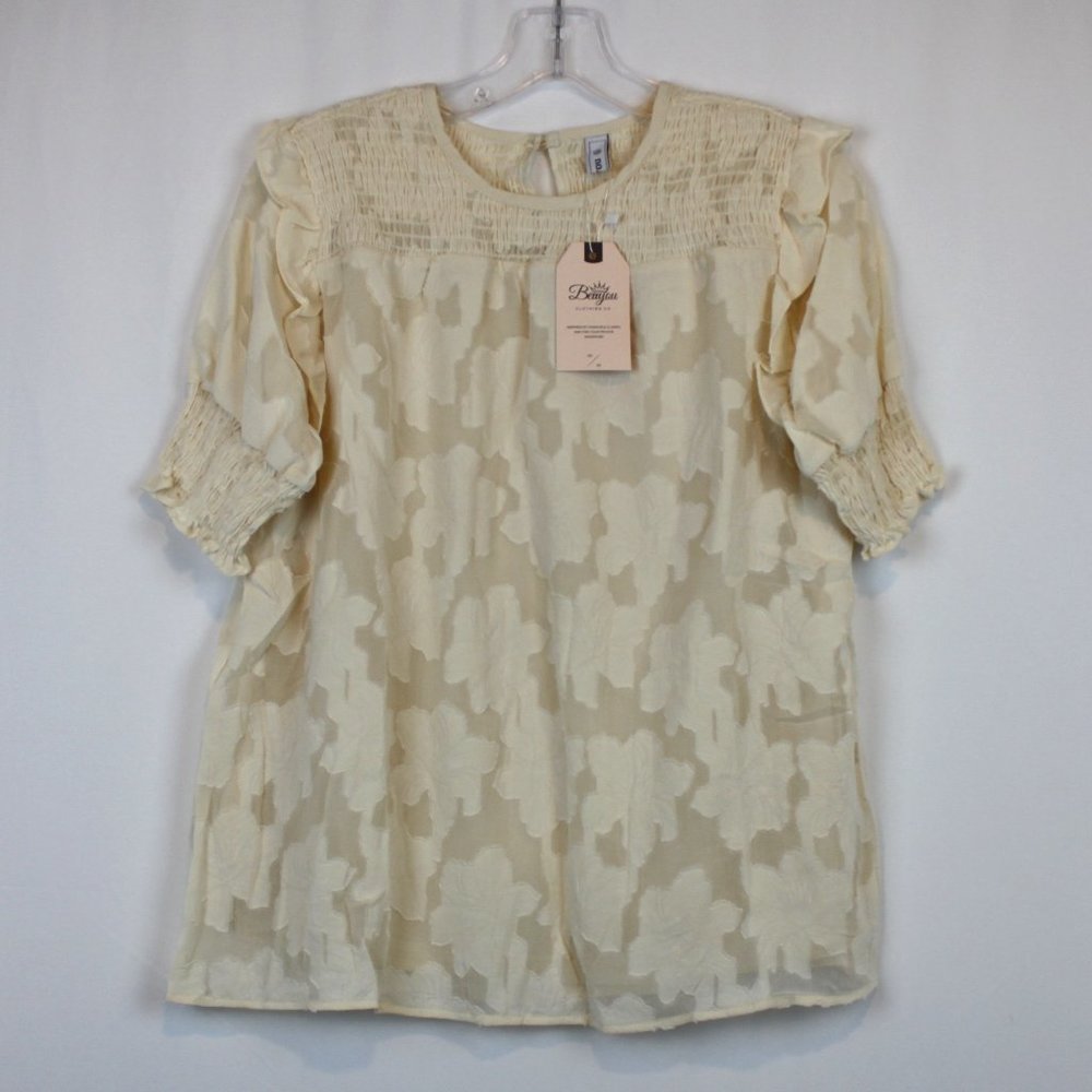Berryou Small Cream Ruffled Scrunch Mid Sleeve Sheer Floral Dainty Top Blouse